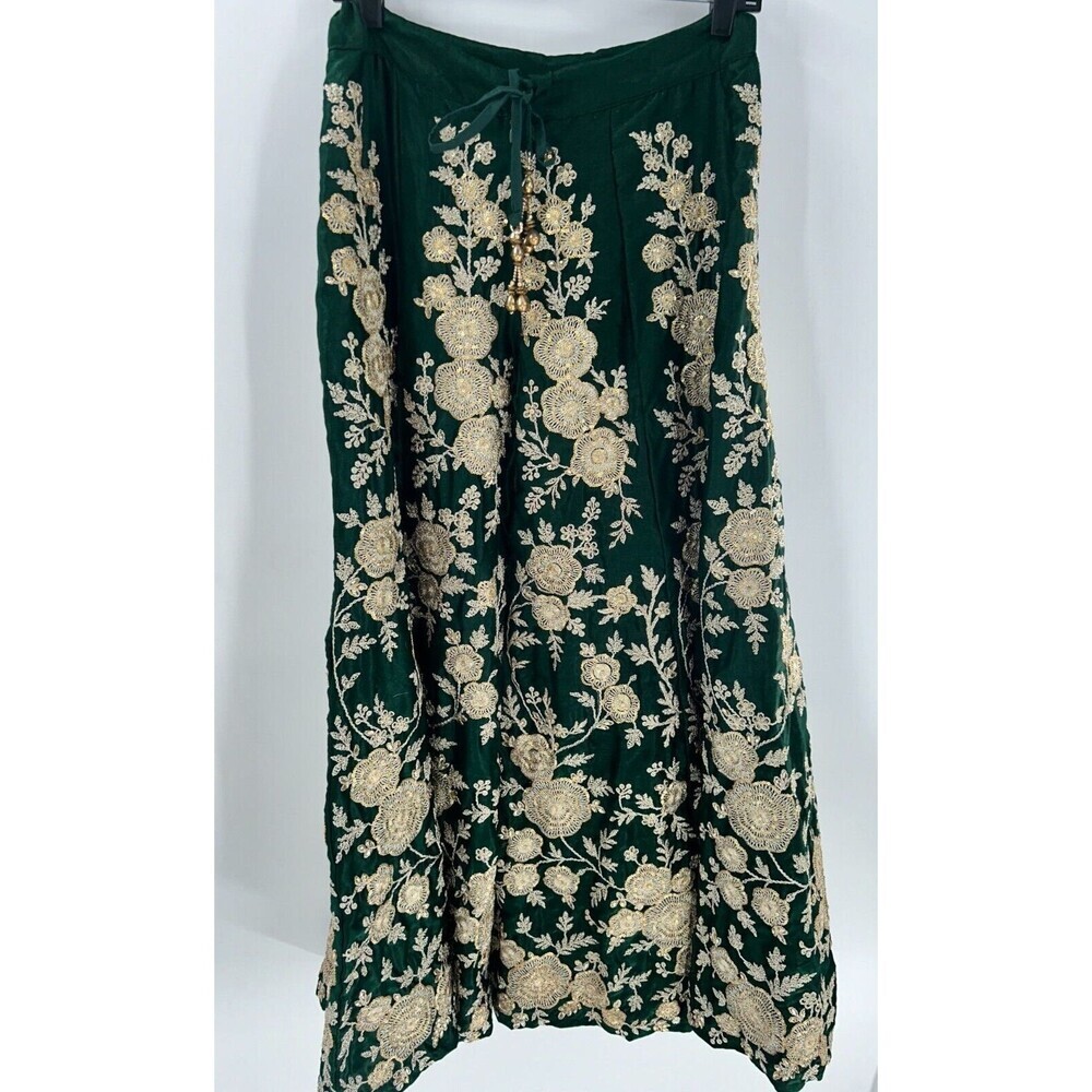 Women's Green Gold Satin Embroidered Indian Skirt With Beaded Drawstring